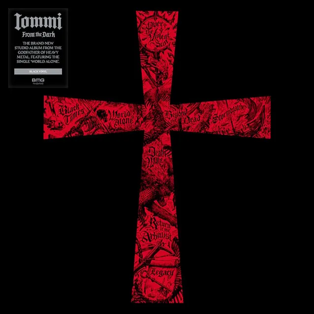Pochette de l'album From the Dark de Tony Iommi (BMG), une croix rouge gravée des titres sur fond noir