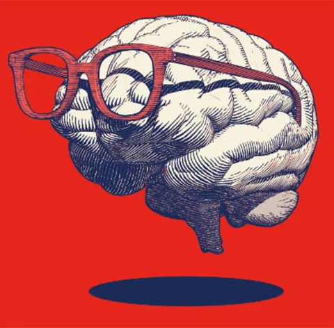 Visuel de l'exposition Esprit critique : un cerveau dessine portant des lunettes sur fond rouge