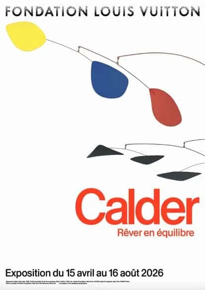 Affiche officielle de l'exposition Calder. Rêver en équilibre à la Fondation Louis Vuitton, mobile aux formes colorées jaune, bleu et rouge