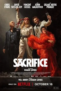 Affiche officielle du film Sacrifice de Romain Gavras avec Chris Evans, Anya Taylor-Joy, Vincent Cassel, John Malkovich et Salma Hayek, sur Netflix le 16 octobre