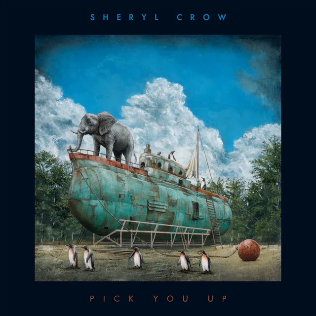 Pochette de l'album Pick You Up de Sheryl Crow, un éléphant sur un sous-marin échoué entouré de manchots