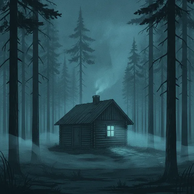 Illustration d'ambiance : une petite maison en bois isolée dans une forêt finlandaise sombre et brumeuse, la nuit
