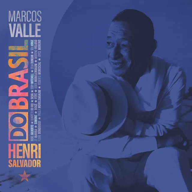 Pochette de l'album Henri Salvador do Brasil, portrait d'Henri Salvador chapeau a la main sur fond bleu, direction musicale Marcos Valle