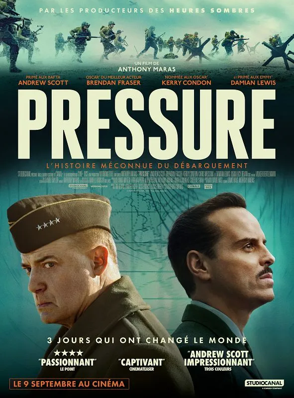 Affiche officielle du film Pressure d'Anthony Maras, avec Brendan Fraser en general Eisenhower et Andrew Scott en meteorologue James Stagg