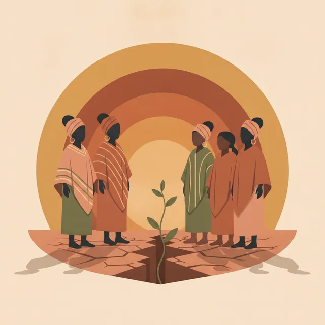 Femmes africaines et indigenes reunies autour d'une jeune pousse sur une terre craquelee, symbole du combat climatique