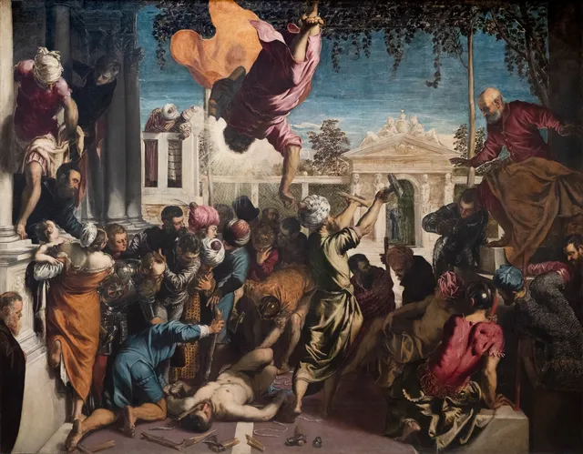 Le Miracle de l'esclave du Tintoret : saint Marc descend du ciel, tête la première, pour sauver un condamné devant une foule vénitienne.
