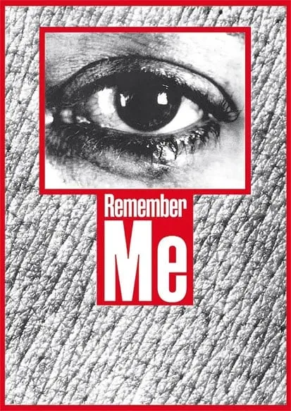 Affiche officielle de l'exposition Remember Me a la Bourse de Commerce, un oeil en noir et blanc encadre de rouge