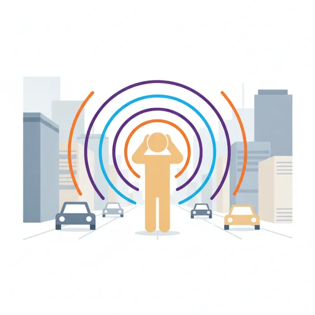 Personne se bouchant les oreilles au milieu d'une rue urbaine entouree d'ondes sonores, symbole de la pollution sonore