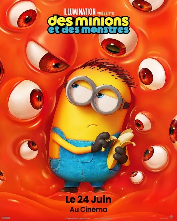 Affiche du film Des Minions et des monstres : un Minion mangeant une banane entouré de gros yeux de monstres rouges