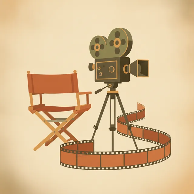 Fauteuil de realisateur, camera de cinema et pellicule evoquant une icone du septieme art