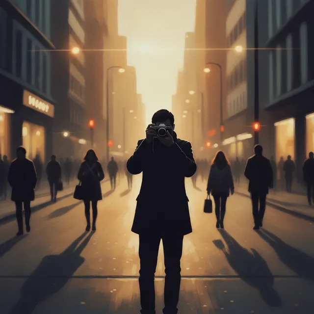 Un photographe de rue capture un instant dans une ville animée au coucher du soleil