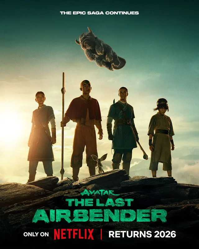 Affiche officielle de la saison 2 d'Avatar : le dernier maitre de l'air sur Netflix, avec Aang, Katara, Sokka, Toph et Appa