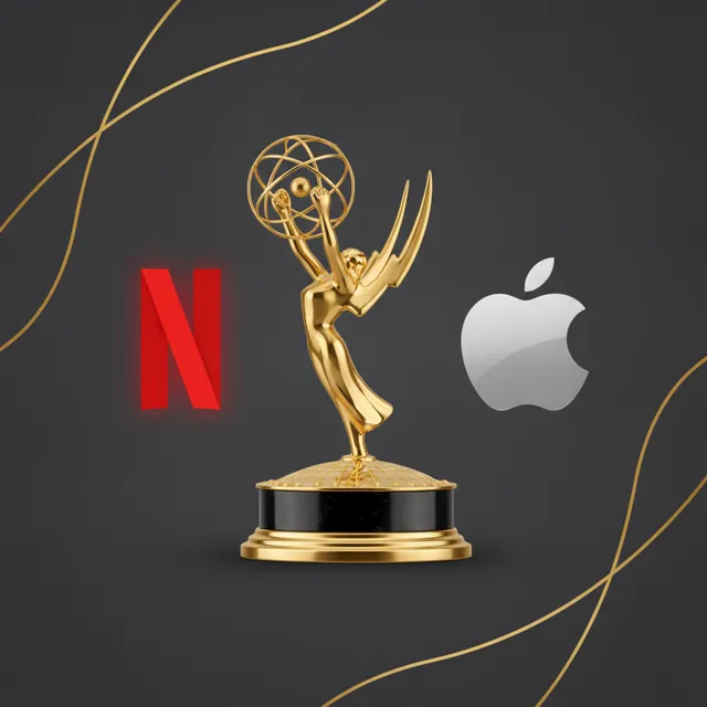 Statuette des Emmy Awards encadree par les logos Netflix et Apple
