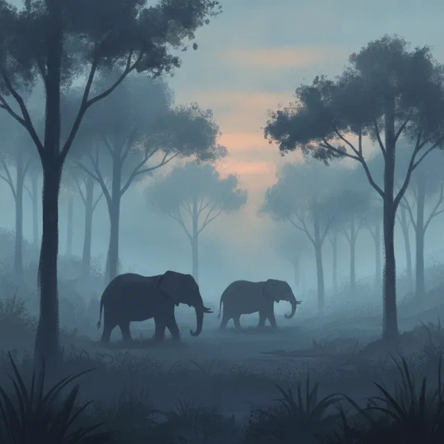 Silhouettes d'éléphants d'Afrique dans une forêt brumeuse au crépuscule, illustration d'ambiance pour le documentaire Ghost Elephants de Werner Herzog