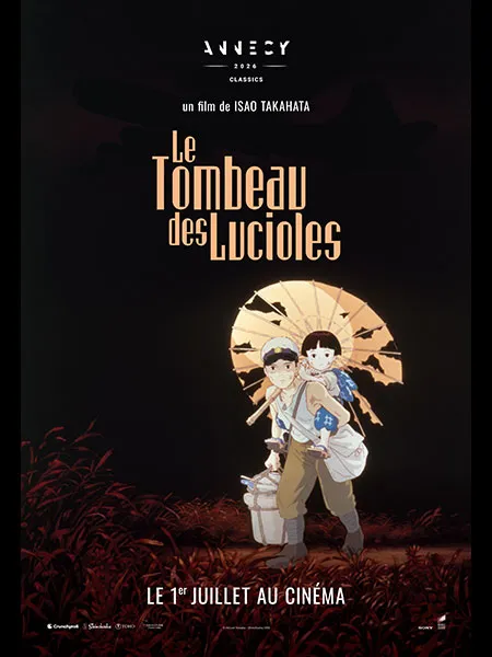 Affiche officielle de la ressortie du Tombeau des lucioles d'Isao Takahata, deux enfants sous une ombrelle, au cinéma le 1er juillet 2026