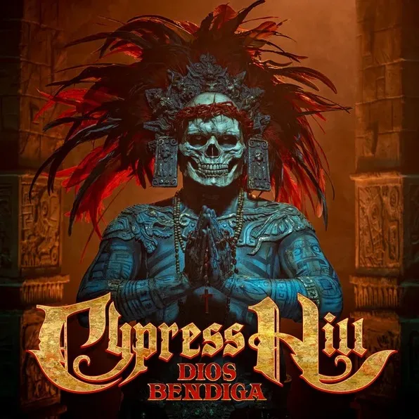 Pochette de l'album Dios Bendiga de Cypress Hill, figure aztèque à tête de mort