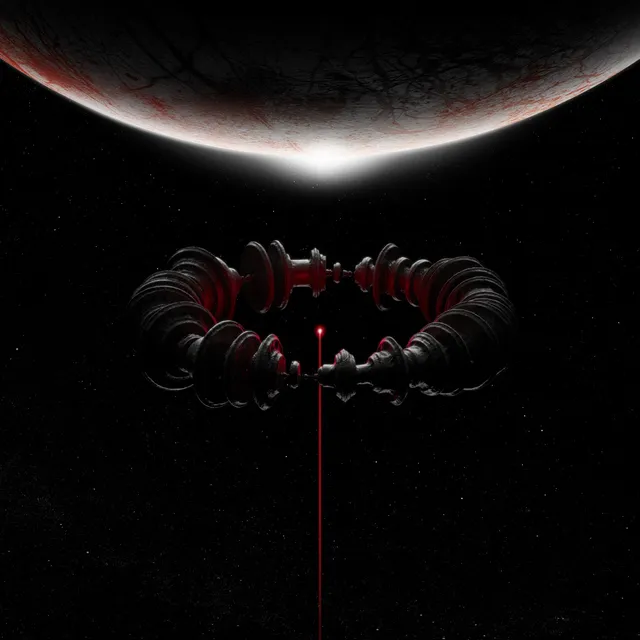 Pochette de l'album The Wow! Signal de Muse : une planète rouge sombre et un faisceau lumineux dans l'espace