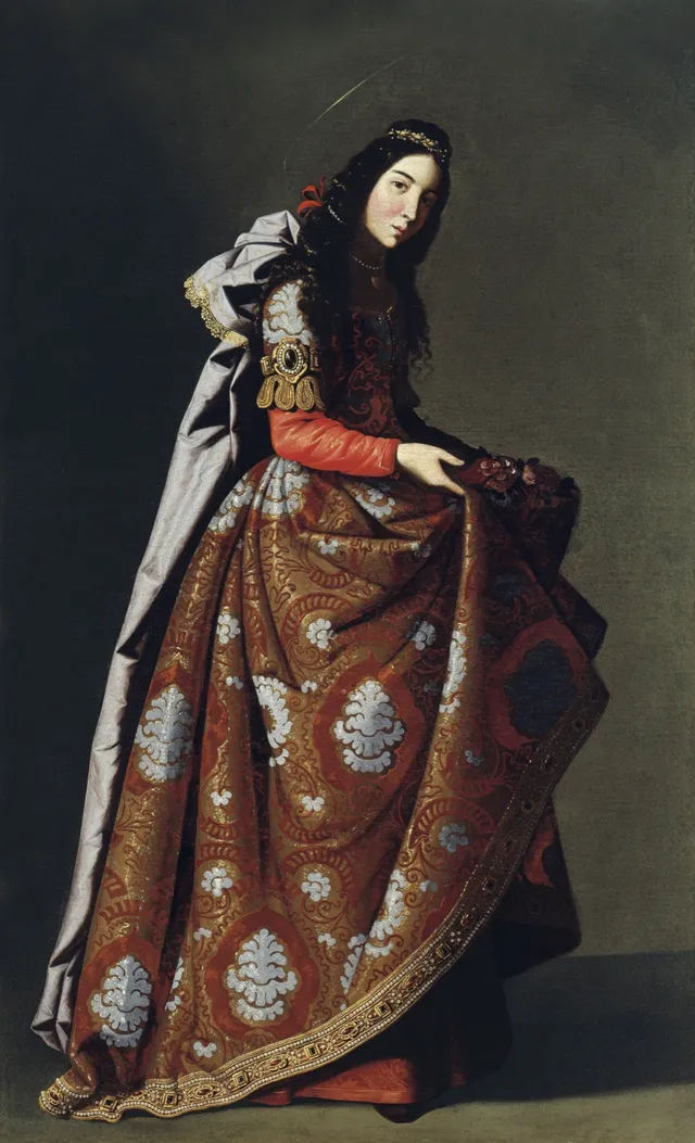 Sainte Casilda de Francisco de Zurbaran, vers 1635, jeune femme en robe de brocart tenant des roses dans son tablier