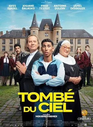 Affiche du film Tombé du ciel de Mohamed Hamidi, avec Ilyes Djadel, Josiane Balasko, Fred Testot, Antoine Duléry et Jamel Debbouze