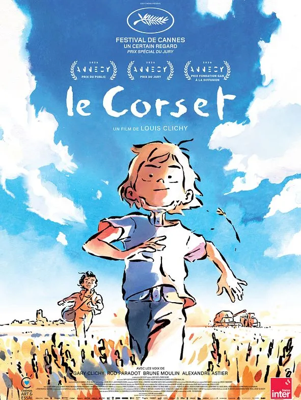 Affiche officielle du film d'animation Le Corset de Louis Clichy : un enfant court dans un champ de la Beauce sous un grand ciel bleu