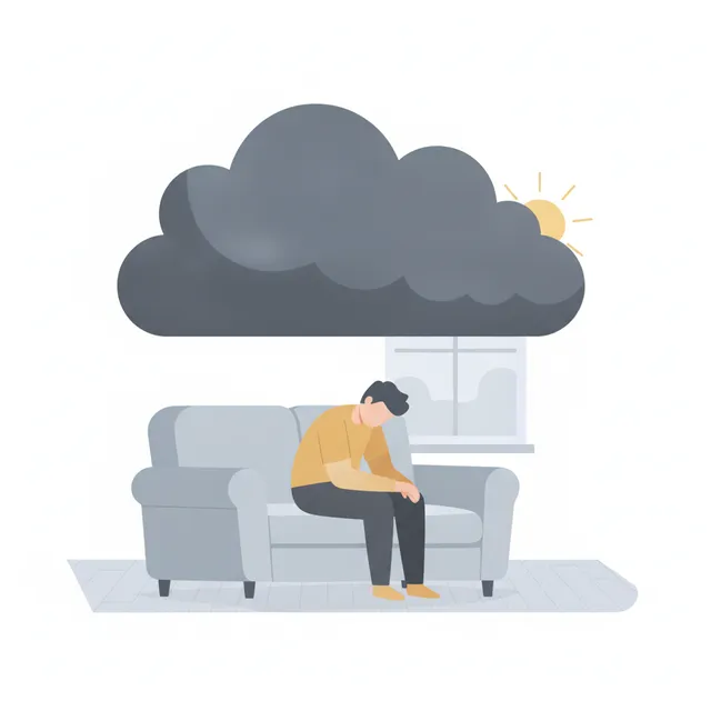 Personne epuisee sur un canape sous un nuage sombre, symbole d'un week-end trop court pour effacer une mauvaise semaine de travail