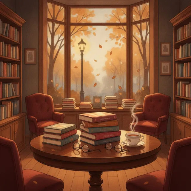 Librairie feutrée avec des piles de romans récents posés sur une table, lumière douce d'automne