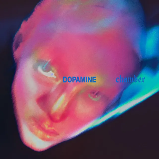 Pochette de l'album Dopamine Chamber de Fontaines D.C. : visage rose déformé sur fond noir avec le titre en bleu