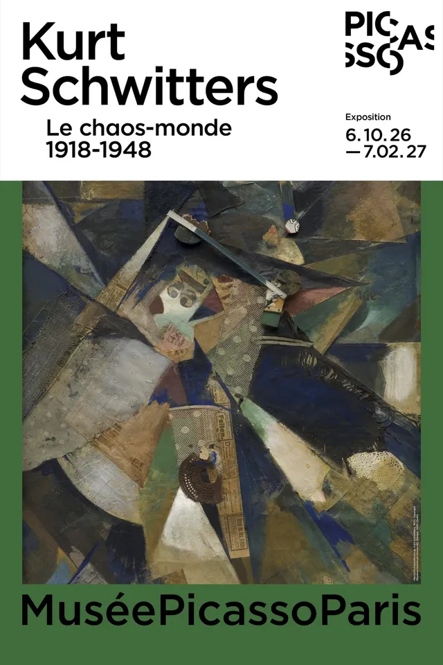 Affiche de l'exposition Kurt Schwitters, Le chaos-monde, au Musée Picasso-Paris, avec un collage Merz