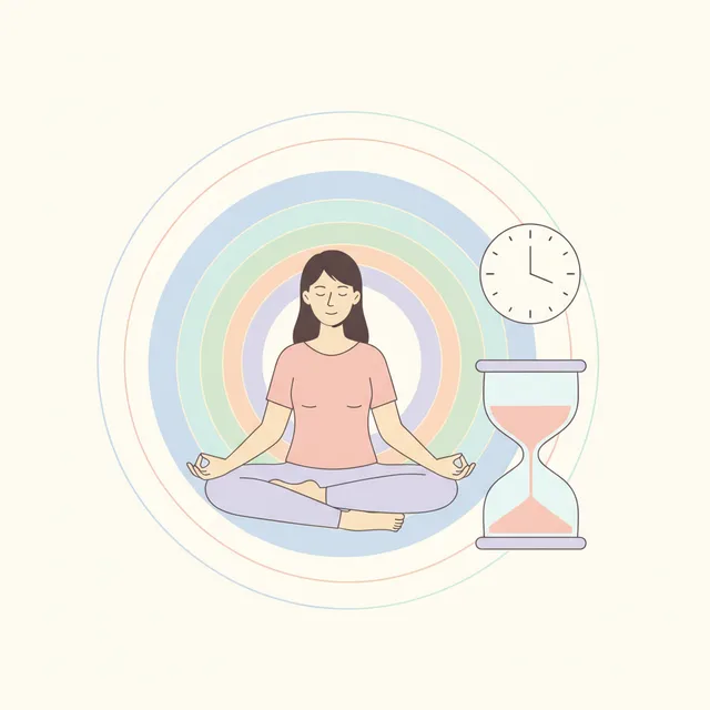 Illustration d'une personne en meditation avec horloge et sablier symbolisant une seance de 12 minutes
