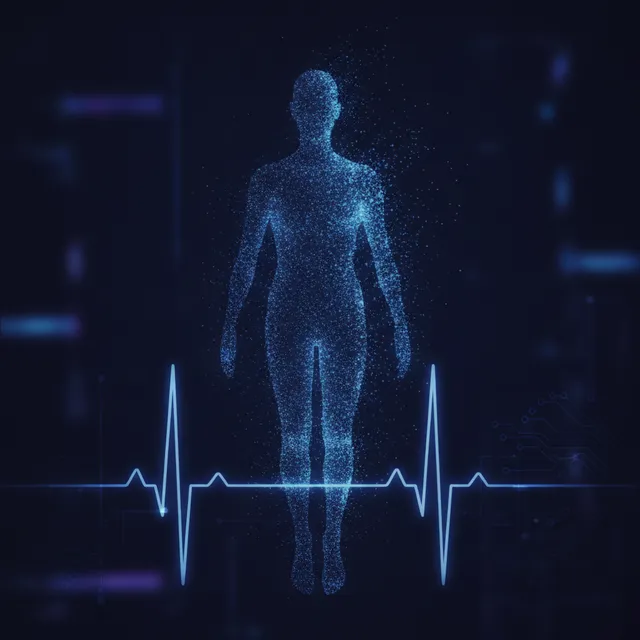 Silhouette humaine composée de données numériques au-dessus d'un électrocardiogramme