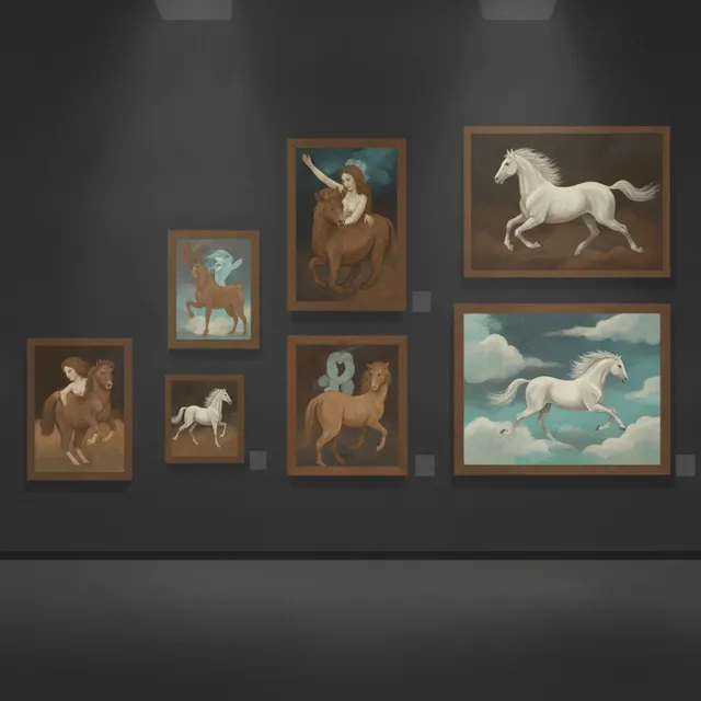 Accrochage de tableaux surréalistes oniriques sur le mur sombre d'une salle de musée