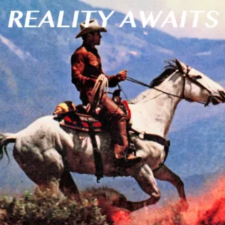 Pochette de l'album Reality Awaits des Strokes : un cavalier sur un cheval blanc et le titre en lettres blanches