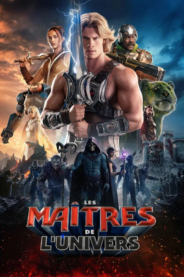 Affiche francaise du film Les Maitres de l'Univers 2026 avec He-Man epee levee, Skeletor et le casting devant le chateau de Grayskull