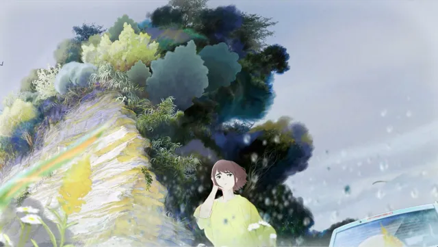 Image du film d'animation Une aube nouvelle de Yoshitoshi Shinomiya : une jeune femme dans un paysage peint