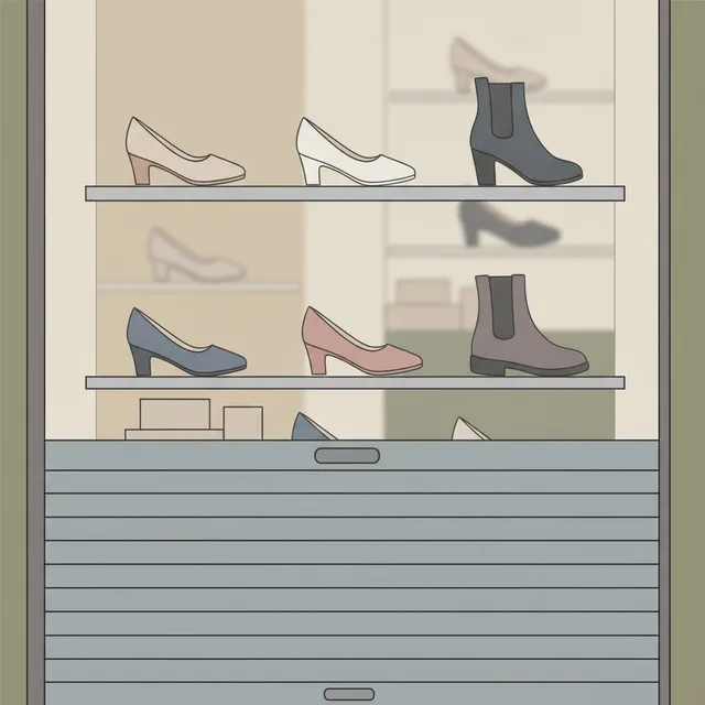 Vitrine de magasin de chaussures avec rideau metallique a moitie baisse evoquant des difficultes financieres