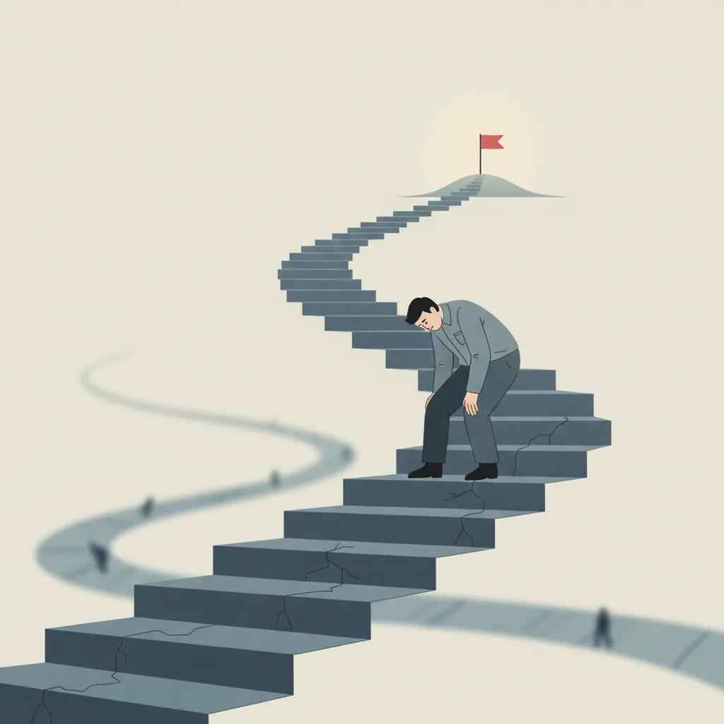 Travailleur epuise gravissant un long escalier vers un drapeau lointain, symbole de l'usure au travail