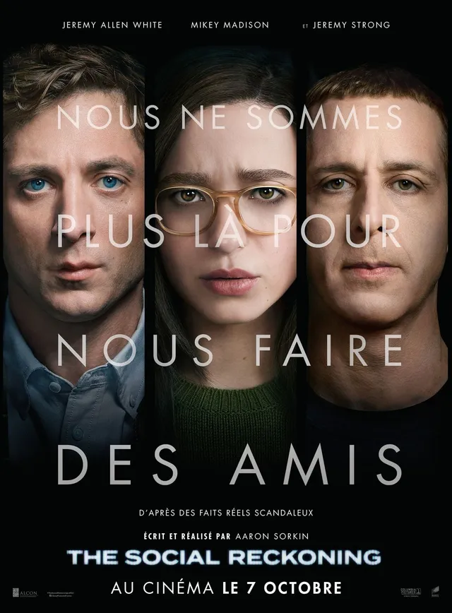 Affiche du film The Social Reckoning d'Aaron Sorkin avec Jeremy Allen White, Mikey Madison et Jeremy Strong