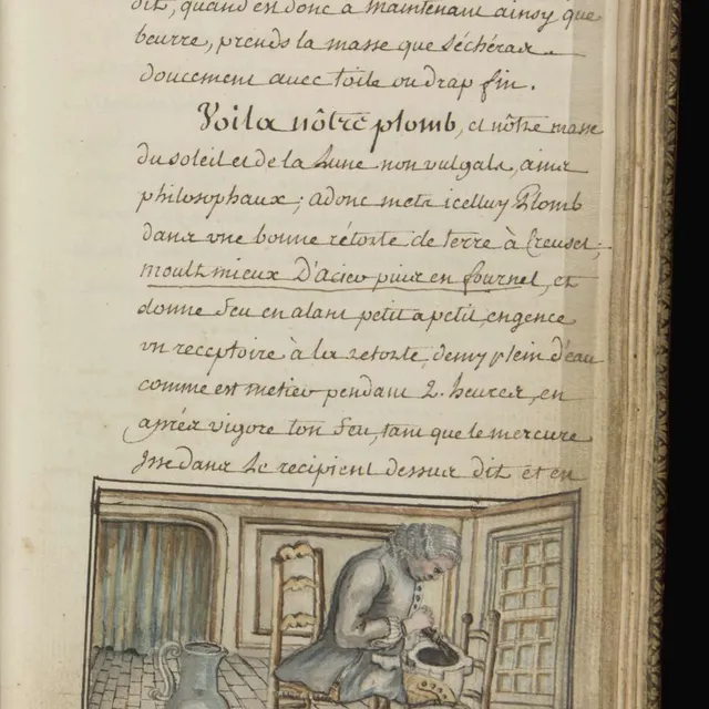 Page d'un manuscrit alchimique ancien avec une aquarelle montrant un homme travaillant devant un fourneau, visuel de l'exposition Nicolas Flamel au musée de Cluny