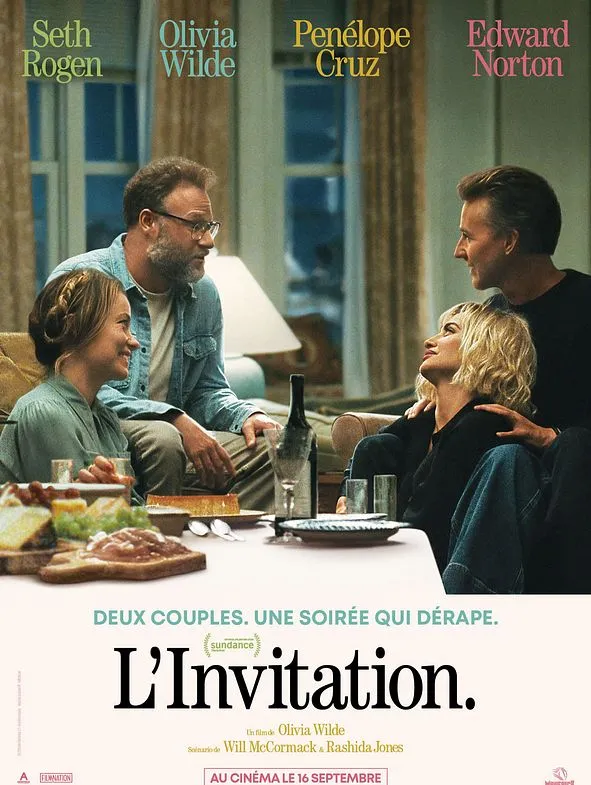 Affiche du film L'Invitation d'Olivia Wilde, avec Seth Rogen, Olivia Wilde, Penélope Cruz et Edward Norton attablés