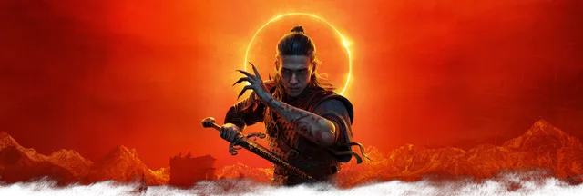 Coen, le héros de The Blood of Dawnwalker, épée à la main devant une éclipse rouge sang