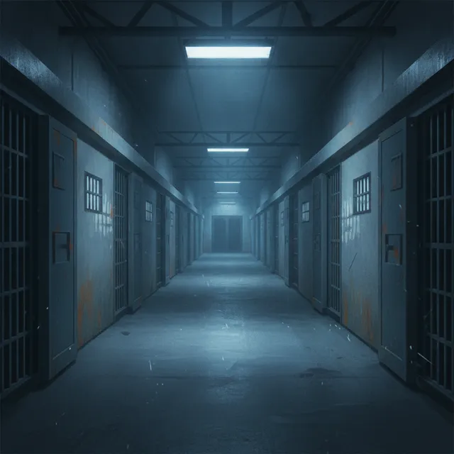 Couloir de prison sombre baigné d'une lumière froide
