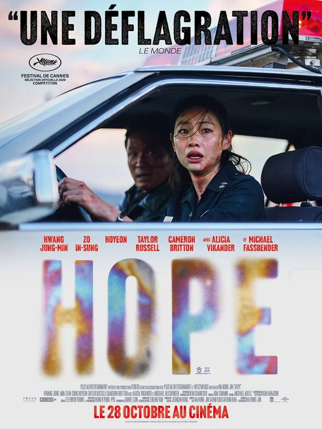 Affiche officielle du film Hope de Na Hong-jin, Hoyeon et Hwang Jung-min dans une voiture de police