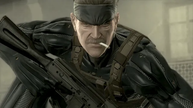 Solid Snake vieilli, bandeau sur l'oeil et cigarette au bec, dans Metal Gear Solid 4