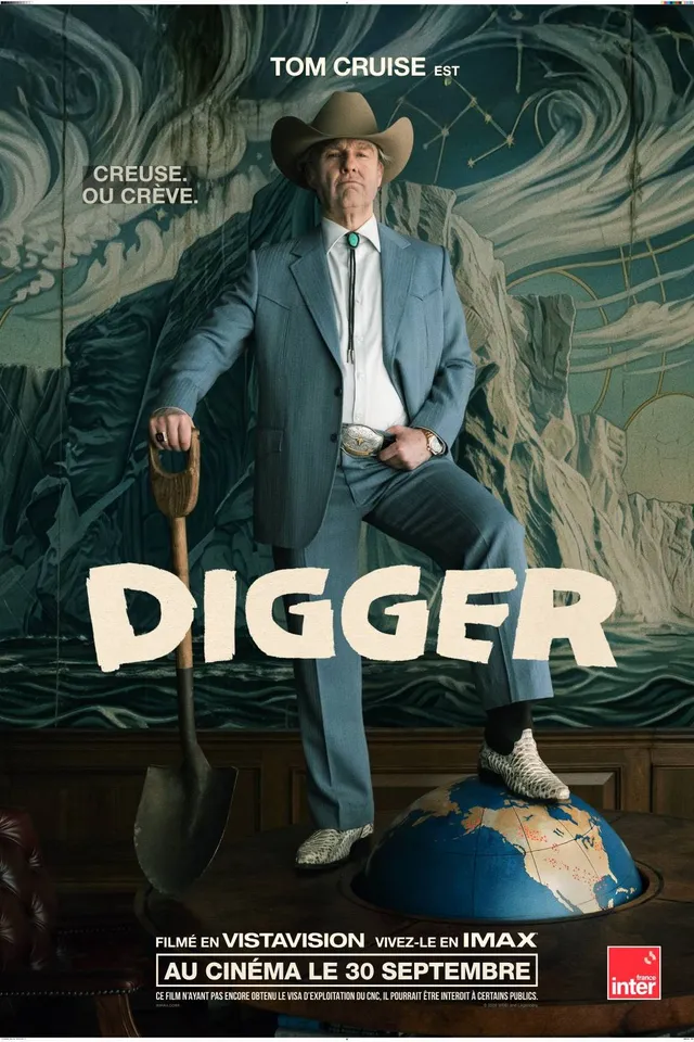 Affiche officielle du film Digger d'Alejandro González Iñárritu avec Tom Cruise en costume et chapeau de cowboy, un pied sur un globe