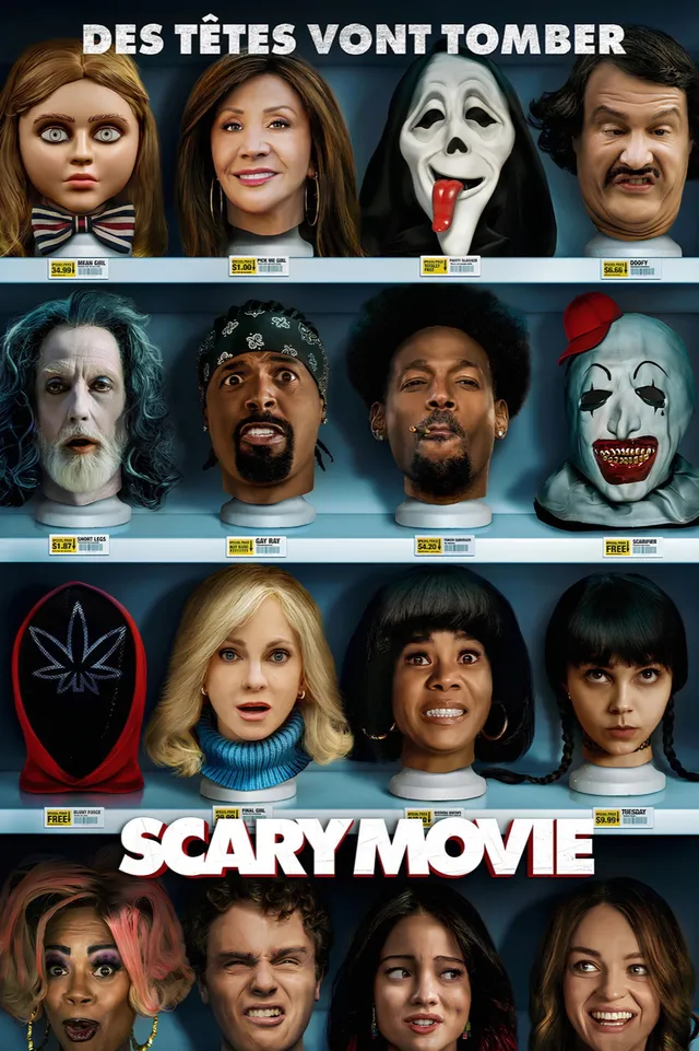 Affiche officielle française de Scary Movie 2026 avec des têtes de personnages d'horreur alignées sur des étagères de supermarché