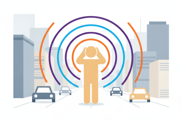 Personne se bouchant les oreilles au milieu d'une rue urbaine entouree d'ondes sonores, symbole de la pollution sonore