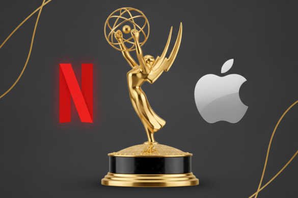 Statuette des Emmy Awards encadree par les logos Netflix et Apple