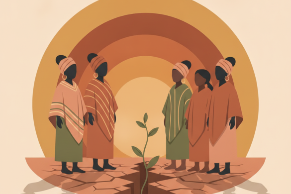 Femmes africaines et indigenes reunies autour d'une jeune pousse sur une terre craquelee, symbole du combat climatique