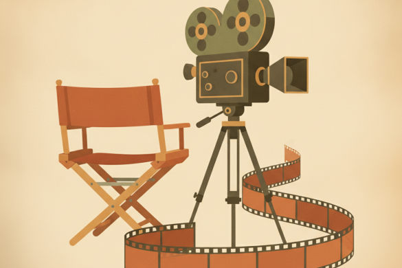 Fauteuil de realisateur, camera de cinema et pellicule evoquant une icone du septieme art