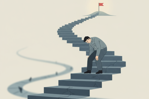 Travailleur epuise gravissant un long escalier vers un drapeau lointain, symbole de l'usure au travail